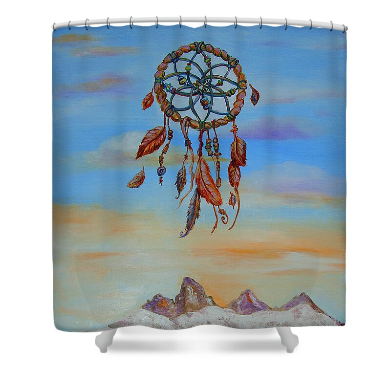 Dreamcatcher Shower Curtain featuring the painting Teton Dreamcatcher by Shelley Myers