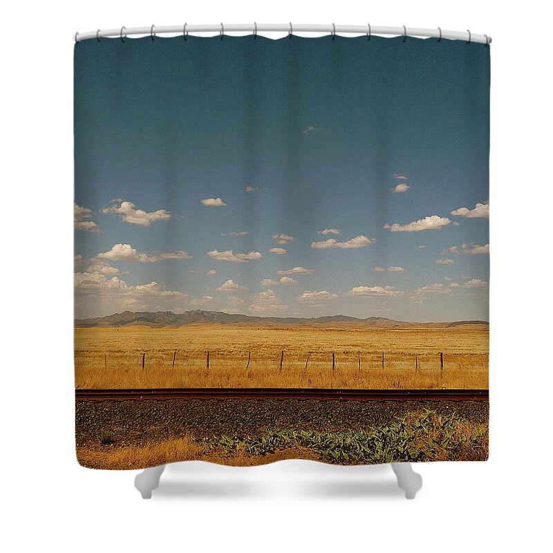 Tranquility Shower Curtain featuring the photograph Texan Desert Landscape And Rail Tracks by Papilio