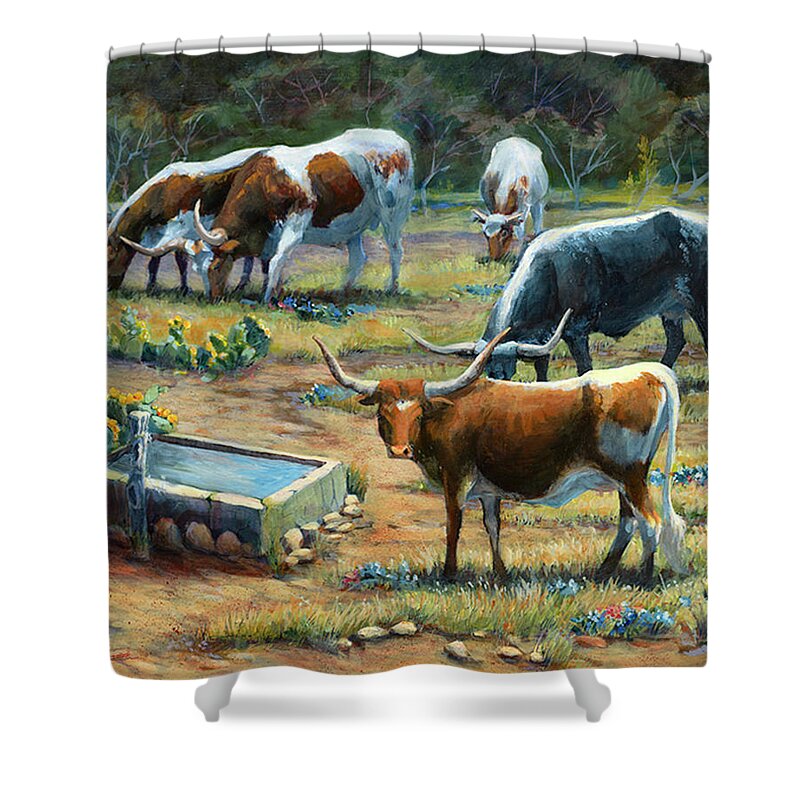 Cattle Shower Curtain featuring the painting Texas Longhorn Herd by Cynthia Westbrook