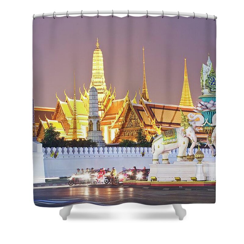Estock Shower Curtain featuring the digital art Thailand, Central Thailand, Bangkok, Grand Palace Complex, Wat Phra Kaew And Royal Palace Illuminated At Night by Luigi Vaccarella
