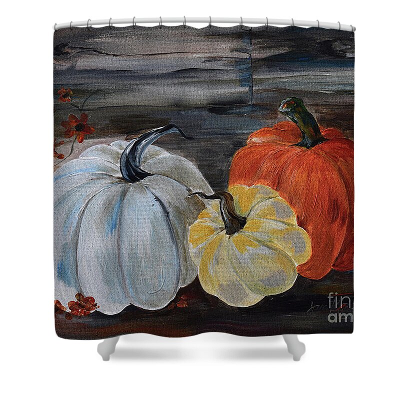 Pumkins Shower Curtain featuring the painting Thankful for Harvest - Pumpkins by Jan Dappen