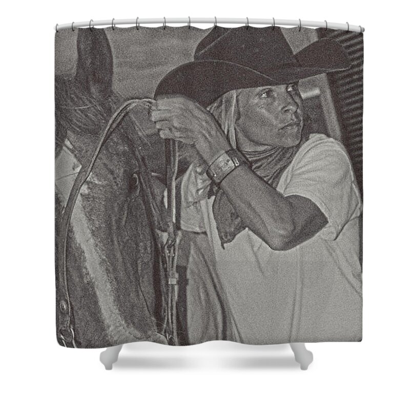 Black Shower Curtain featuring the photograph That Cowgirl Within by Amanda Smith