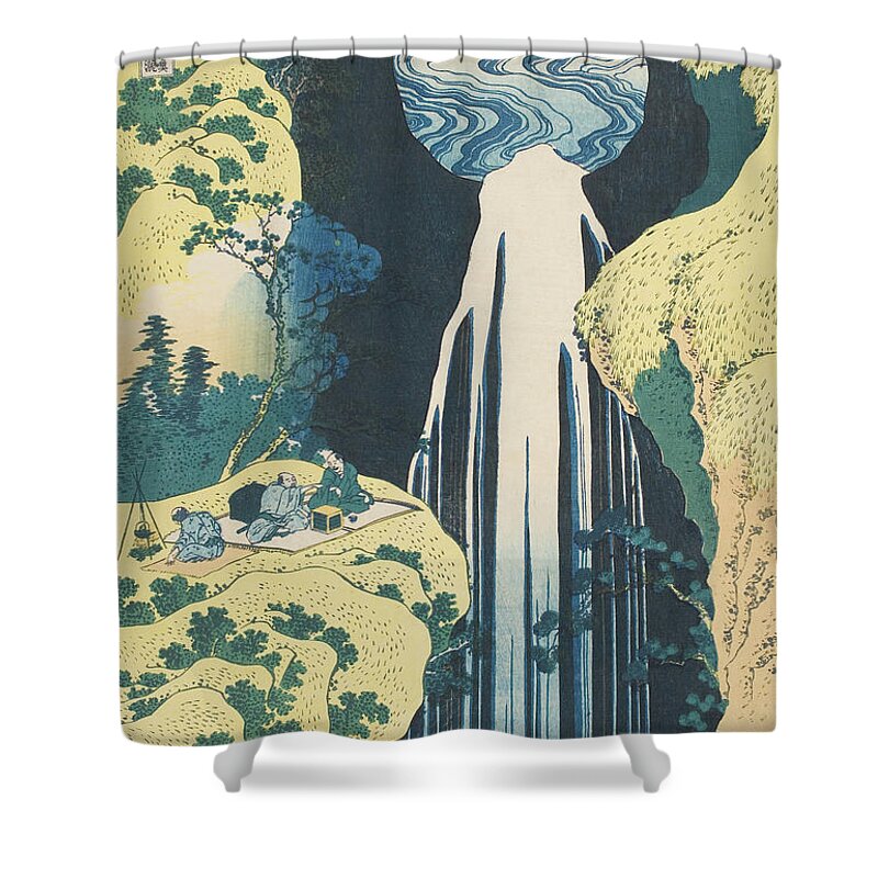 Hokusai Shower Curtain featuring the painting The Amida Waterfall in the Province of Kiso by Hokusai