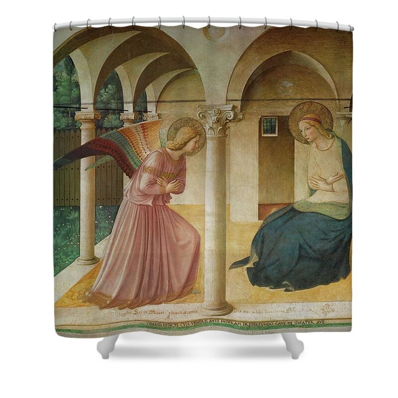 Archangel Gabriel Shower Curtain featuring the painting The Annunciation. Fresco in the former dormitory of the Dominican monastery San Marco, Florence. by Fra Angelico -c 1395-1455-