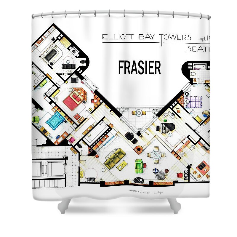 Plan Shower Curtain featuring the drawing The apartment from FRASIER by Inaki Aliste Lizarralde