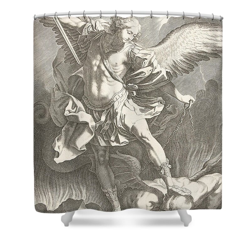 Archangel Shower Curtain featuring the drawing The Archangel St Michael defeating the Devil, engraving by Guido Reni