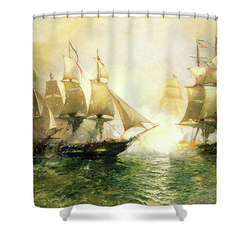 War Of 1812 Shower Curtain featuring the painting The Battle of Lake Erie by Julian O. Davidson