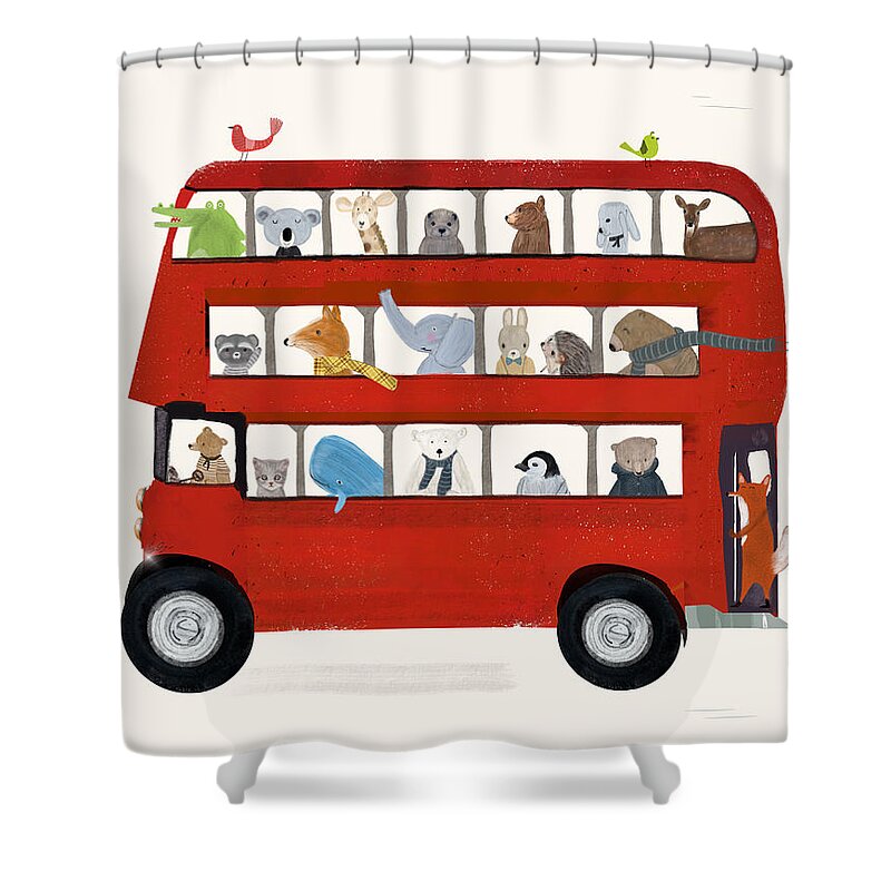 London Bus Shower Curtain featuring the painting The Big Little Red Bus by Bri Buckley