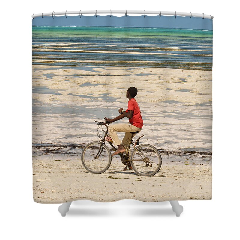 Bike Shower Curtain featuring the pyrography The bike rider on the beach by Yavor Mihaylov