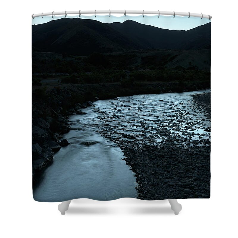 #nofilter #newzealand #landscape #mountain #hills #river #mirrorlake #dark #light #sunset #creek #bluelight Shower Curtain featuring the photograph The Blue Creek by Itto Ogami