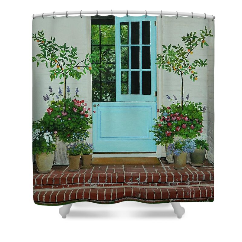 Tropical Landscape Shower Curtain featuring the painting The Blue Door by Kenneth Harris