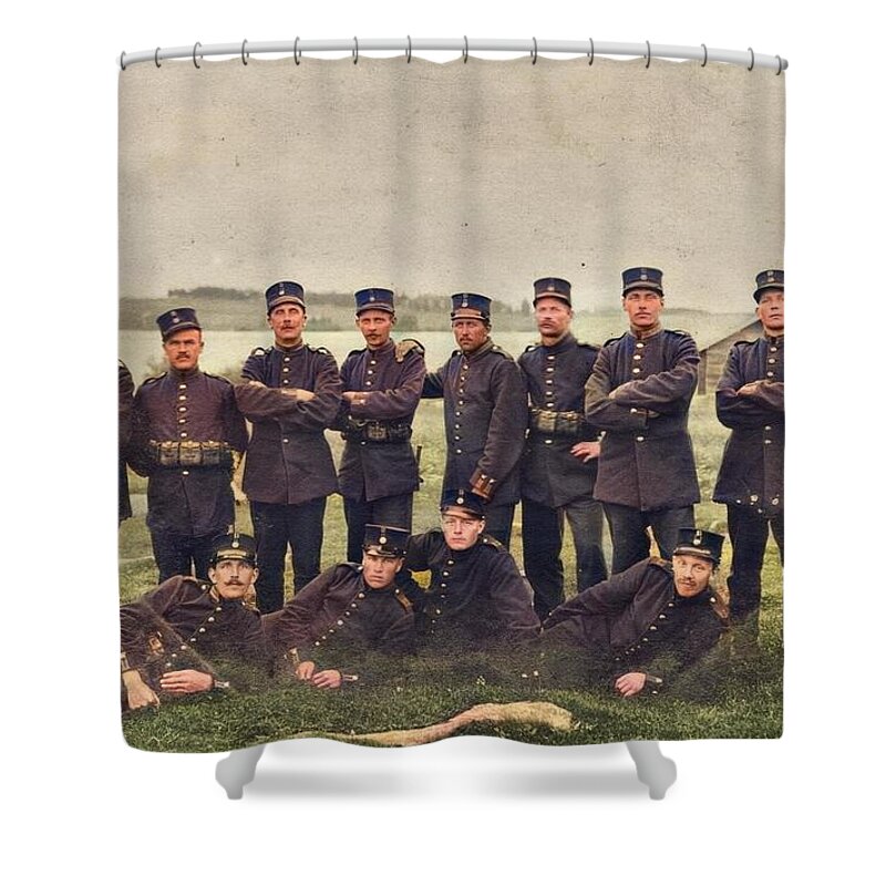 Colorized Shower Curtain featuring the painting The border RPPC depicting a group of Swedish soldiers. On the right you can see a soldier armed with by Celestial Images