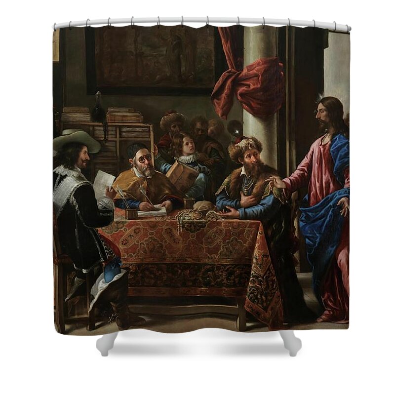 Juan De Pareja Shower Curtain featuring the painting 'The Calling of Saint Matthew'. 1661. Oil on canvas. JESUS. by Juan de Pareja -1610-1670-