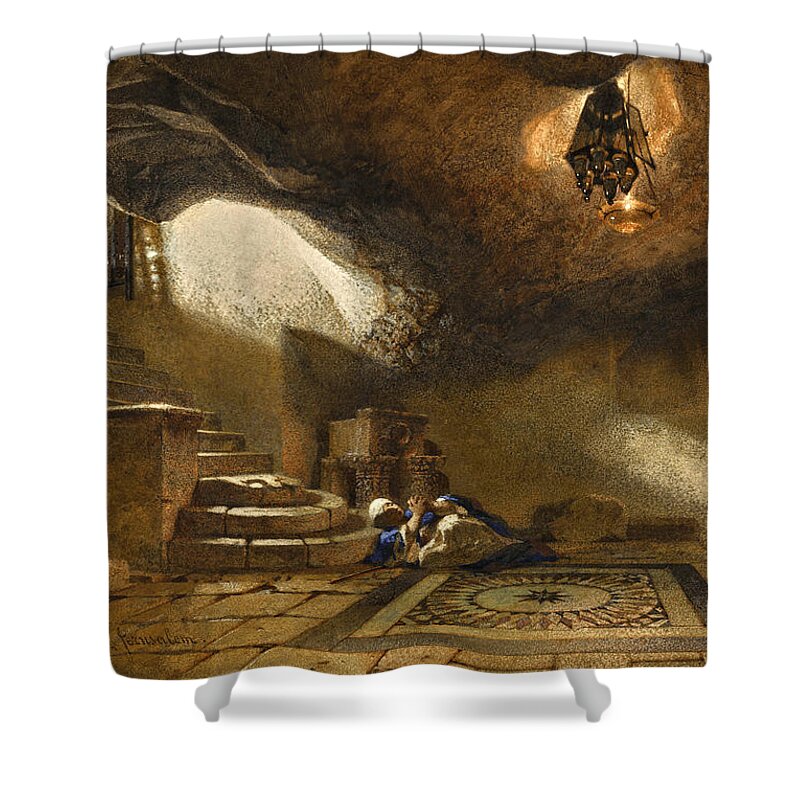 Carl Haag Shower Curtain featuring the drawing The Cave beneath the Holy Rock by Carl Haag