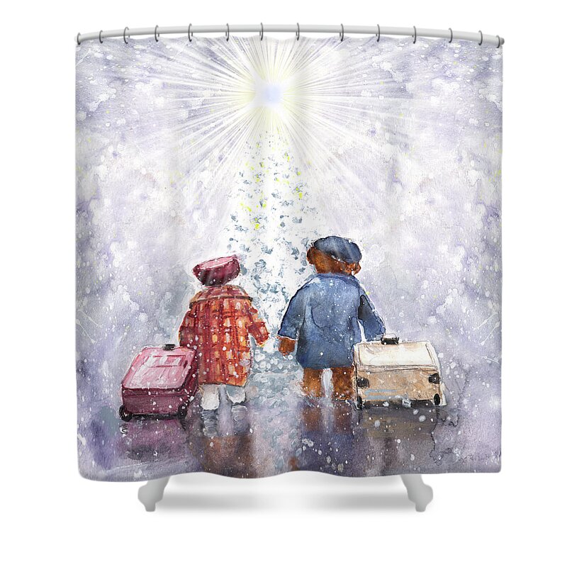 Truffle Mcfurry Shower Curtain featuring the painting The Christmas Heathrow Bears by Miki De Goodaboom