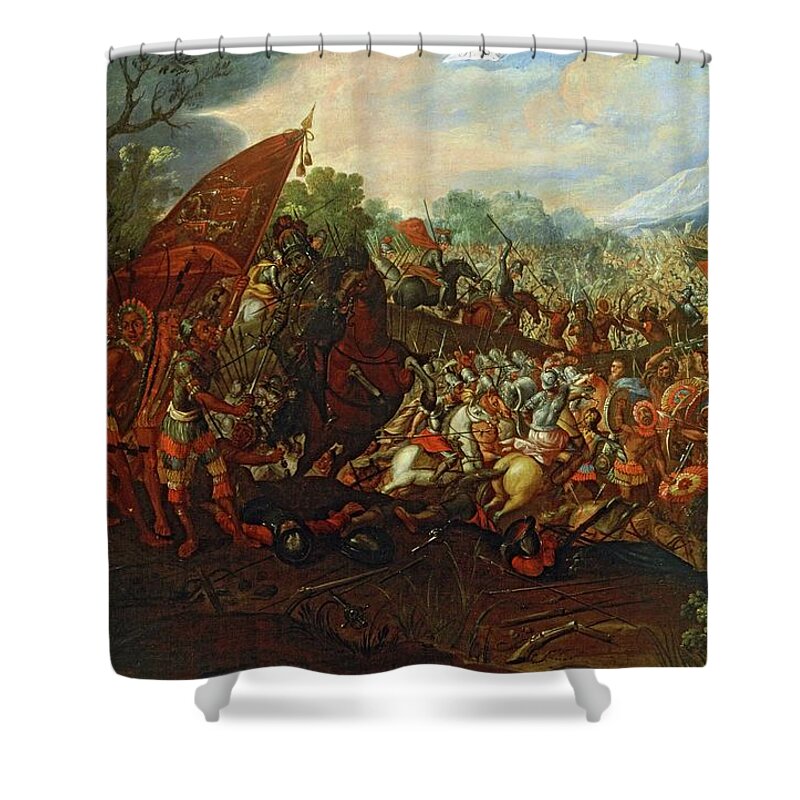 Hernan Cortes Shower Curtain featuring the painting The Conquest of Mexico. The Battle of Otumba, Oil on canvas, 120 x 200 cm. ANONIMO ESPANOL. by Anonimo Espanol