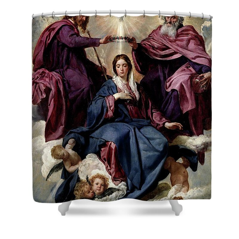 Diego Velazquez Shower Curtain featuring the painting 'The Coronation of the Virgin', ca. 1635, Spanish School, ... by Diego Velazquez -1599-1660-