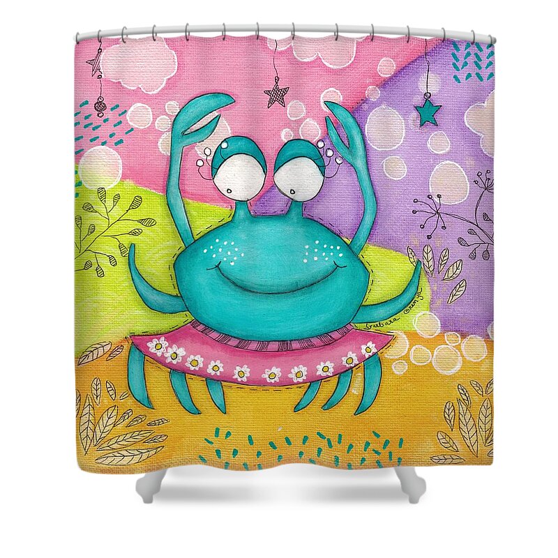 Crab Shower Curtain featuring the mixed media The crab in tutu by Barbara Orenya