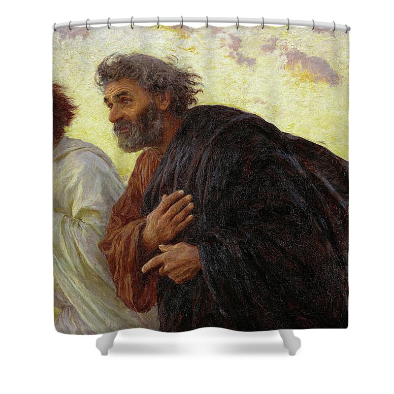Eugene Burnand Shower Curtain featuring the painting The Disciples Peter and John running to the tomb on the morning of the Resurrection, 1898 by Eugene Burnand