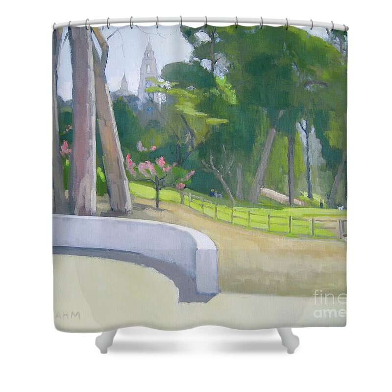 Dog Park Shower Curtain featuring the painting Nate's Point Dog Park Balboa Park San Diego California by Paul Strahm