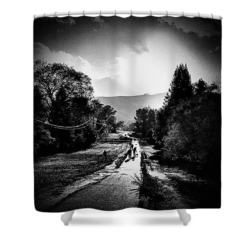 Black And White Shower Curtain featuring the photograph The Dog Walkers by Brad Hodges