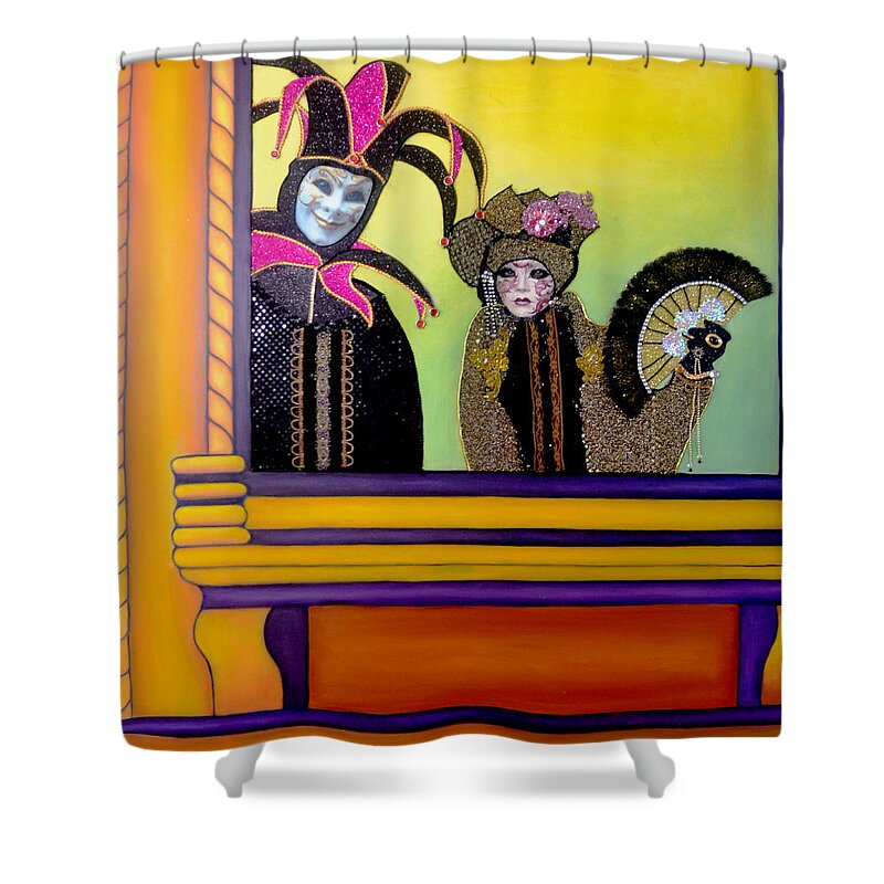 Oil Painting Shower Curtain featuring the mixed media The Fan - Carnival of Venice by Anni Adkins