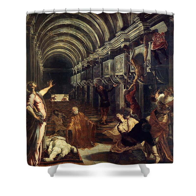 San Marcos Shower Curtain featuring the painting The Finding of the Body of Saint Mark. Oil on canvas. 369x 400 cm, 1562-1566. SAN MARCOS. by Tintoretto -1518-1594-