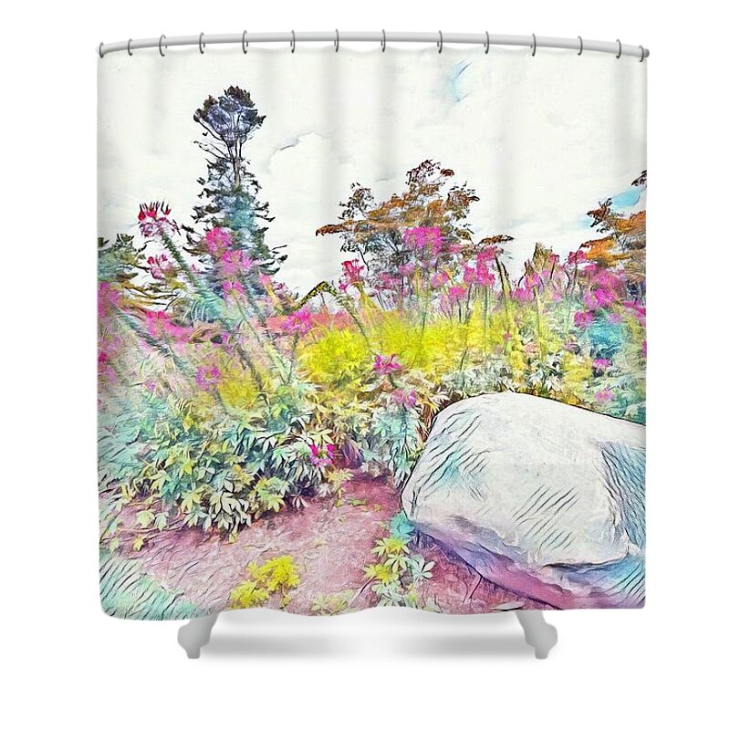 Flowers Shower Curtain featuring the digital art The Flower Garden by Jerry Cahill
