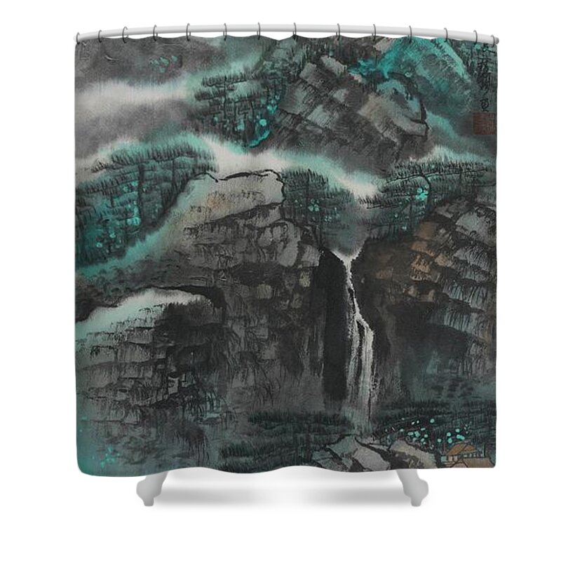 Chinese Watercolor Shower Curtain featuring the painting The Four Seasons Version 1 - Spring by Jenny Sanders