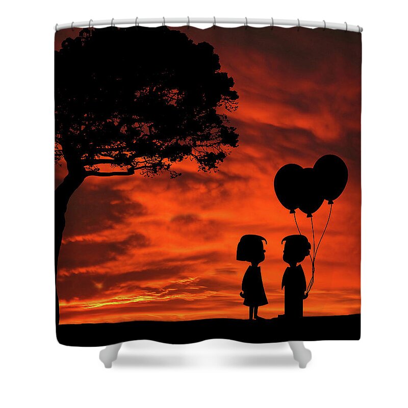 The Gift Shower Curtain featuring the mixed media The Gift Girl Boy Balloons Sunset Silhouette Series  by David Dehner