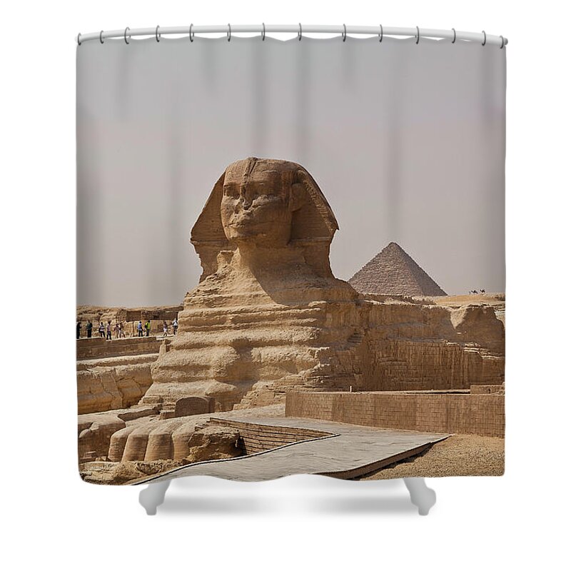 Built Structure Shower Curtain featuring the photograph The Great Sphinx And The Pyramid Of by Wavelet Photography