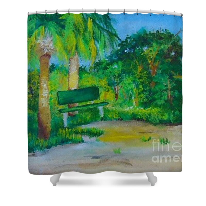 Green Shower Curtain featuring the painting The Green Bench by Saundra Johnson