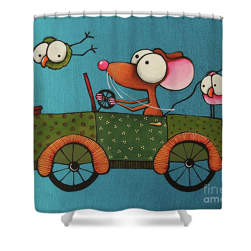 Mouse In A Car Shower Curtain featuring the painting The Green Car by Lucia Stewart
