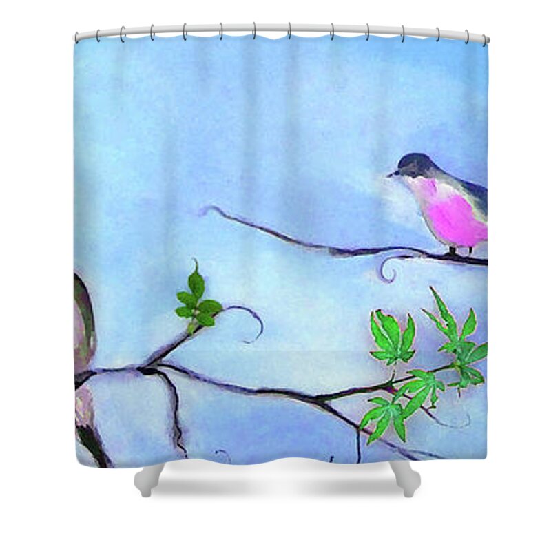 Birds Shower Curtain featuring the digital art The Greenest Leaves Painting by Lisa Kaiser