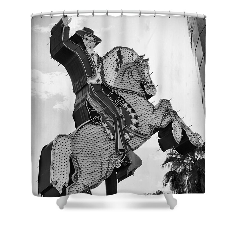 Cowboy Shower Curtain featuring the photograph The Hacienda Horse And Rider Neon Sign BW by Mary Pille