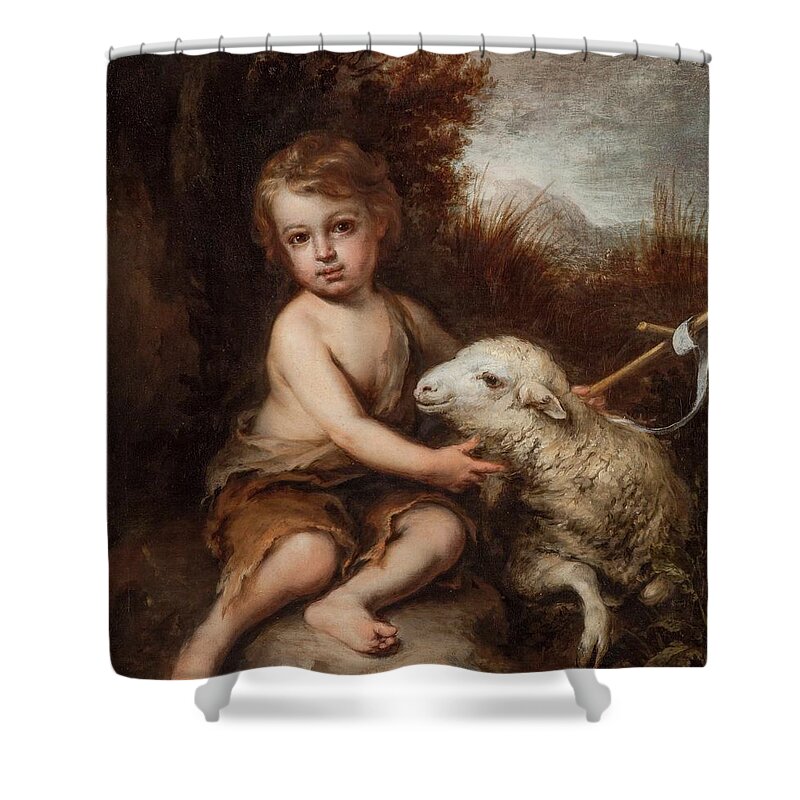 Bartolome Esteban Murillo Shower Curtain featuring the painting 'The Infant Saint John with the Lamb, c. 1655-1670. by Bartolome Esteban Murillo -1611-1682-