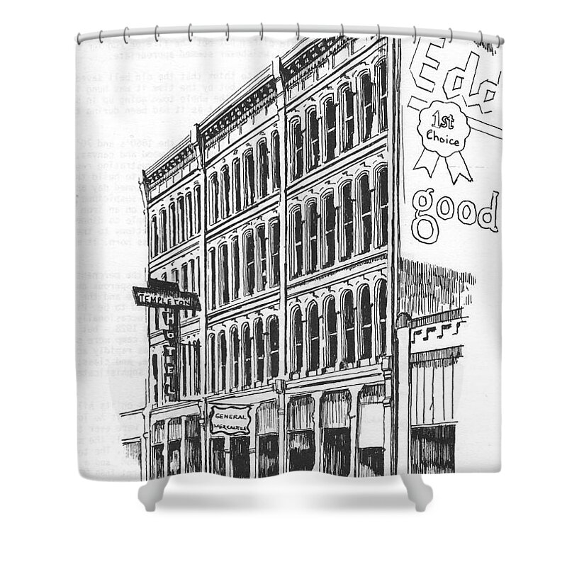 The Iron Front Building Shower Curtain featuring the drawing The Iron Front Building Helena Montana by Kevin Heaney