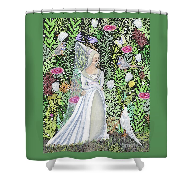 Lise Winne Shower Curtain featuring the painting The Lady Vanity Takes a Break From Mirroring to Dream of an Unusual Garden by Lise Winne