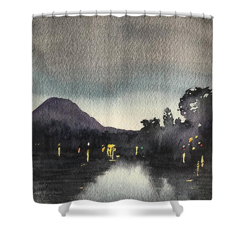 Watercolor Shower Curtain featuring the painting Moonlit Night on Malibou Lake by Luisa Millicent