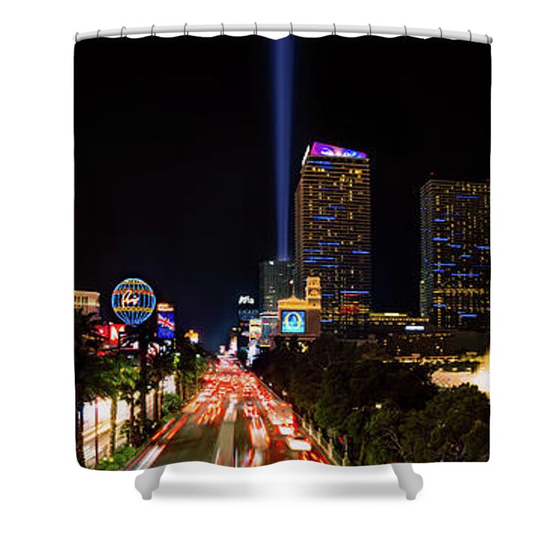 Bellagio Shower Curtain featuring the photograph The Las Vegas Strip Facing South With the Bellagio Fountains at Night 3 to 1 Ratio by Aloha Art