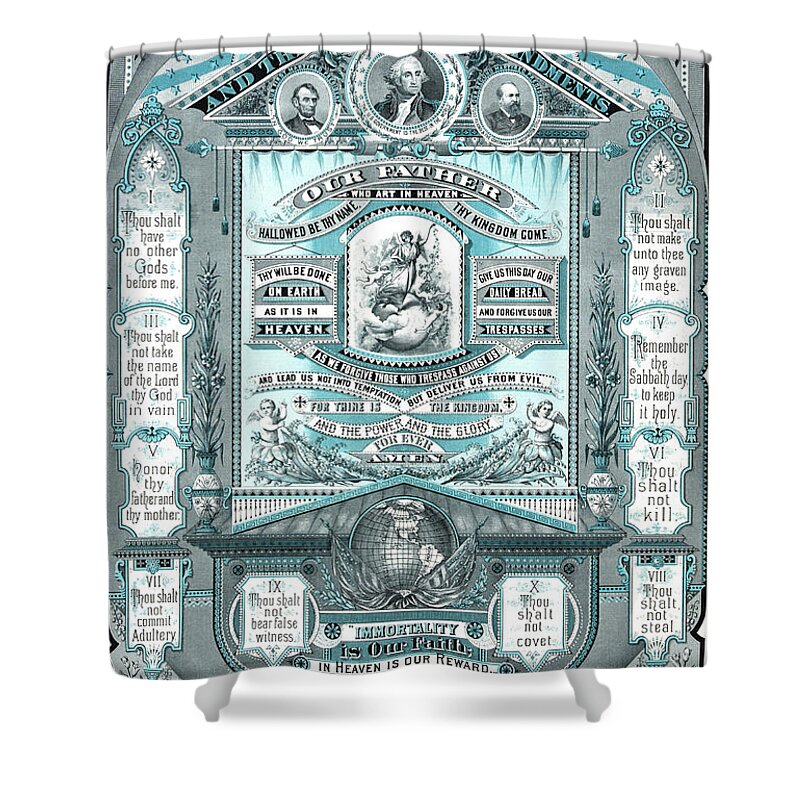 Blue Shower Curtain featuring the drawing The Lords Prayer and the Ten Commandments by American School