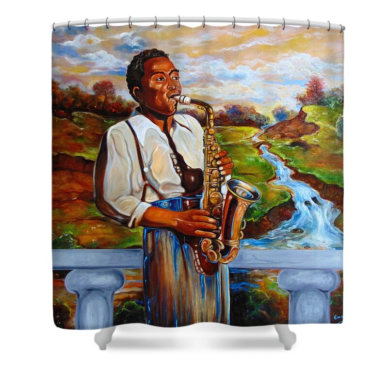 Black Music Shower Curtain featuring the painting The Love Of Music by Emery Franklin