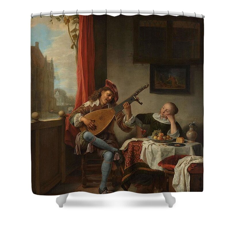 Hendrick Martensz. Sorgh Shower Curtain featuring the painting The Lutenist. Lute Player. by Hendrick Martensz Sorgh