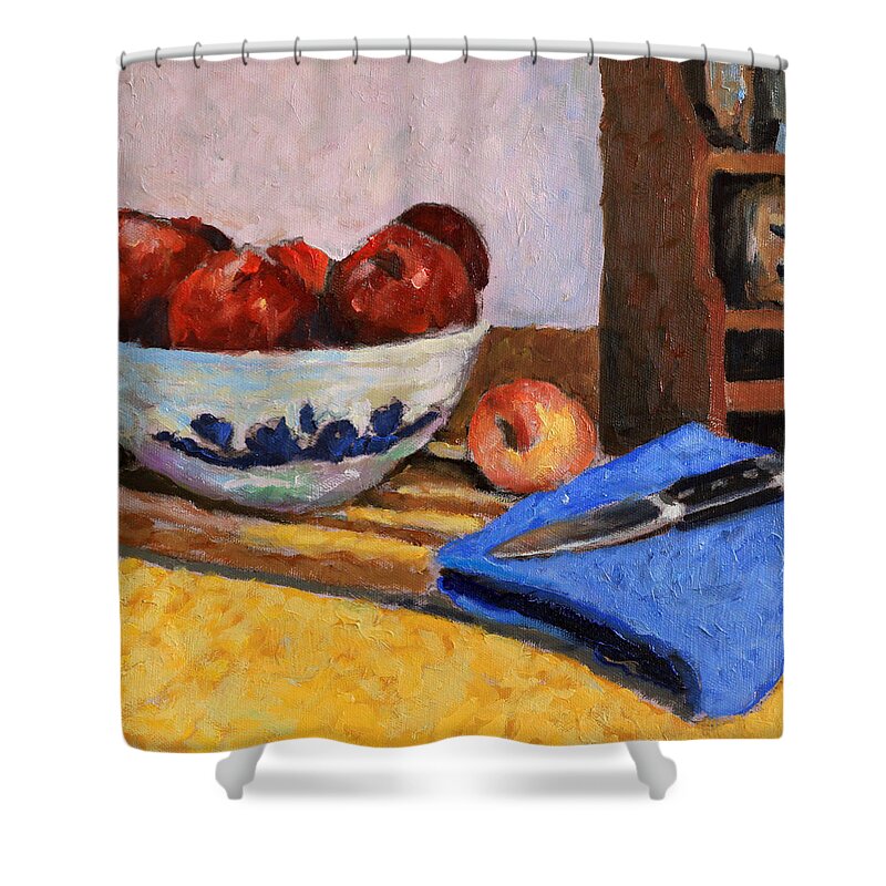 Apples Shower Curtain featuring the painting The Makings of a Pie by David Zimmerman