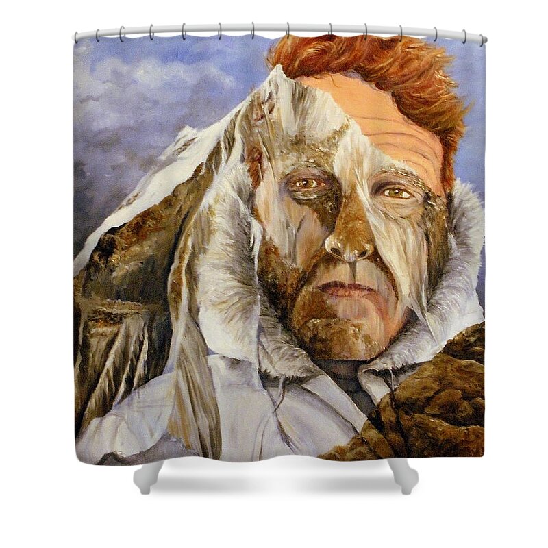 Mountain Shower Curtain featuring the painting The Man and the Mountain by Margaret Zabor