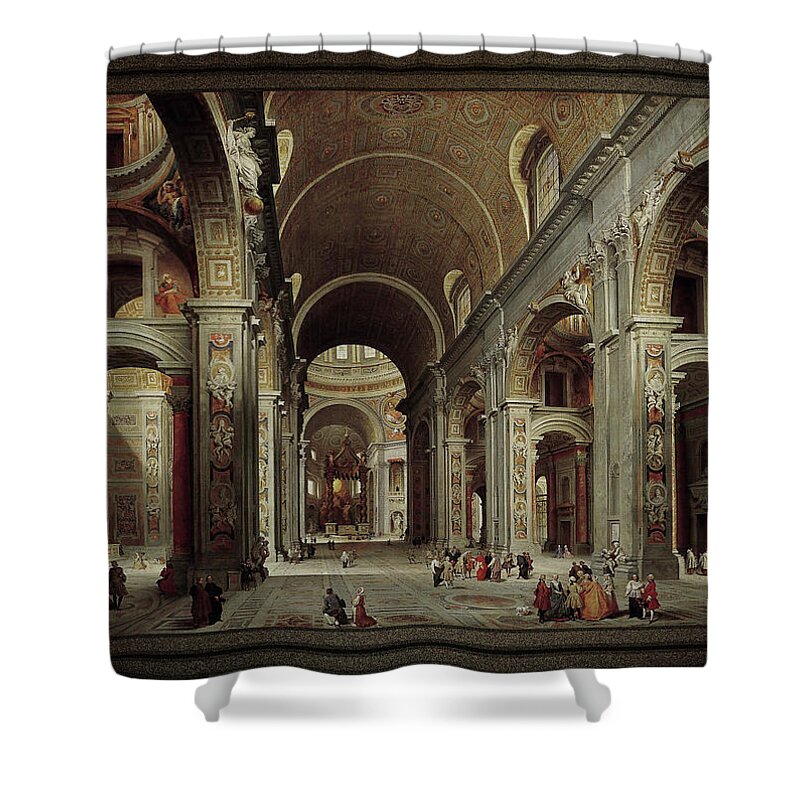 The Nave Of St. Peter's Basilica Shower Curtain featuring the painting The Nave of St Peter's Basilica in the Vatican c1735 by Giovanni Paolo Pannini by Rolando Burbon