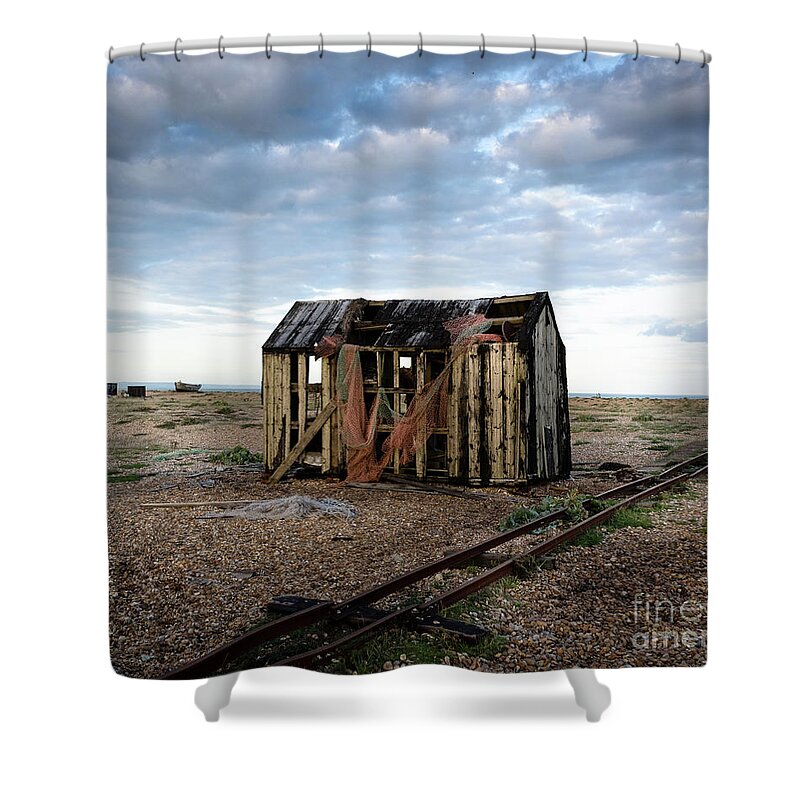 Beach Shower Curtain featuring the photograph The Net Shack, Dungeness Beach by Perry Rodriguez