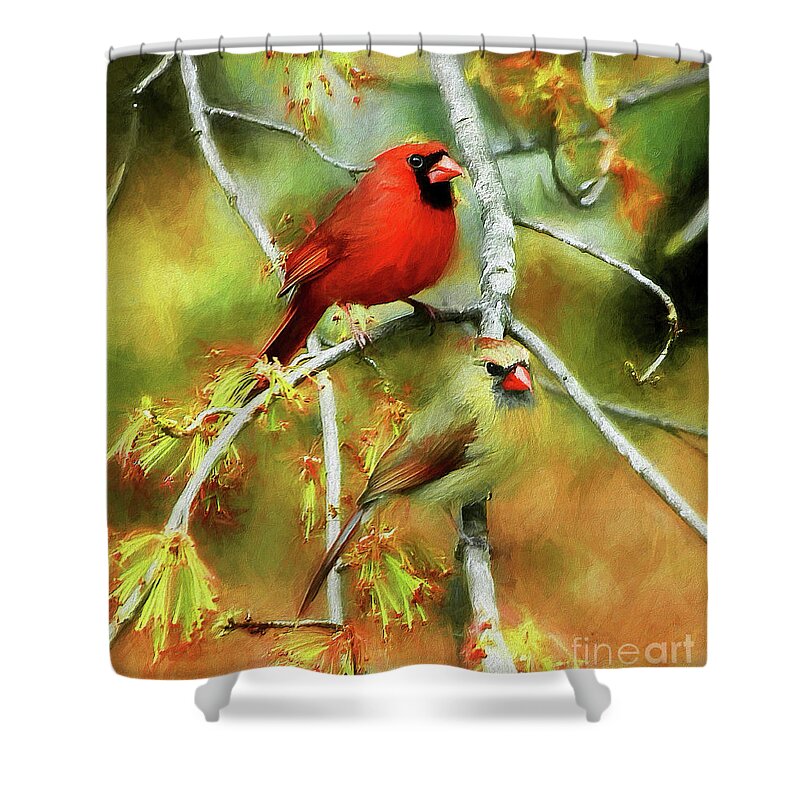 Cardinal Shower Curtain featuring the mixed media The Newlyweds by Tina LeCour