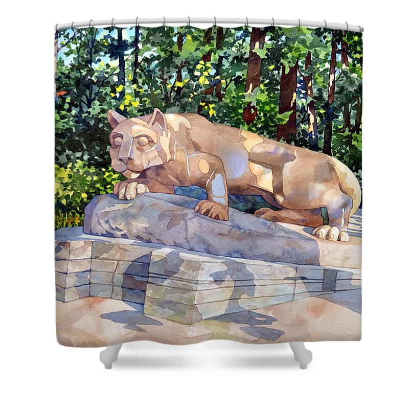 #pennstate #nittanylion #statecollege #watercolor #landscape #fineart #commissionedart Shower Curtain featuring the painting The Nittany Lion by Mick Williams
