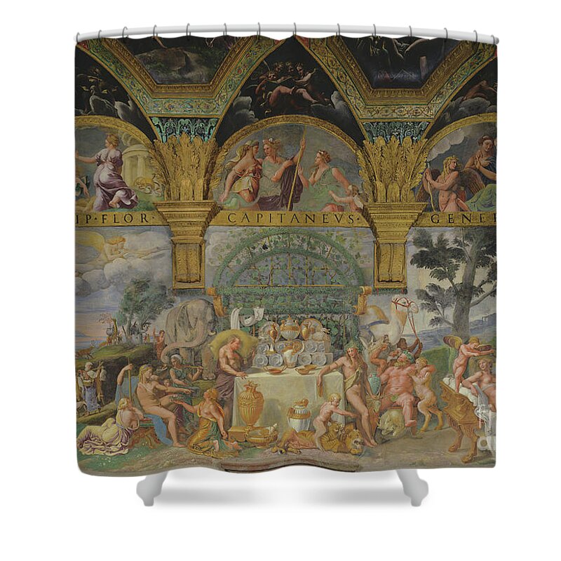 16th Century Shower Curtain featuring the painting The Noble Banquet Celebrating The Marriage Of Cupid And Psyche From The Sala Di Amore E Psiche, 1527-31 by Giulio Romano
